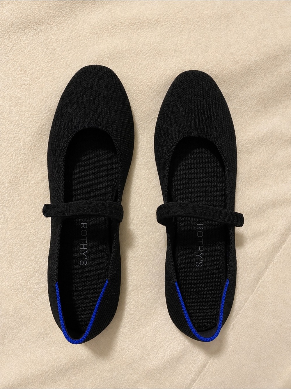 Rothy's Black Knit Mary Jane Flats with Blue Trim